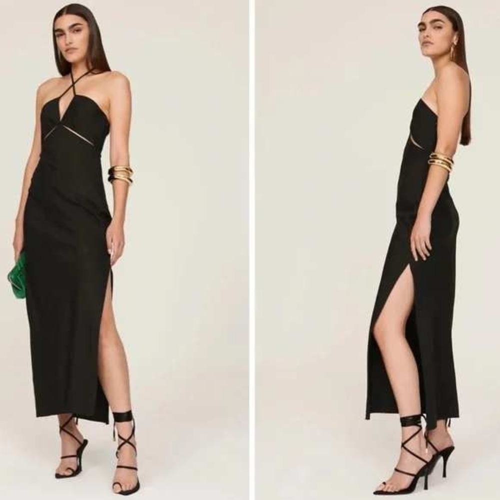 Marina Moscone Shipwrecked Cutaway Black Sleeveless Halter Midi Dress‎ Sz 12
